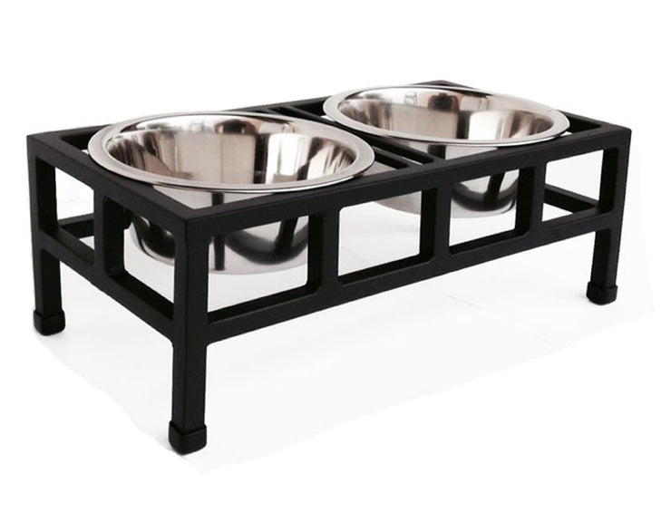 Four Square Double Diner - Elevated Dog Bowl Feeder - Small Size - Black Finish - Metal Steel Dog Bowls - Pets Stop