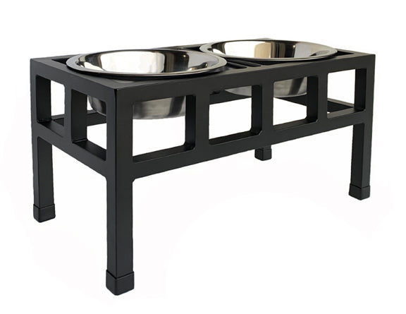 Four Square Double Diner - Elevated Dog Bowl Feeder - Black Finish - Metal Steel Dog Bowls - Pets Stop